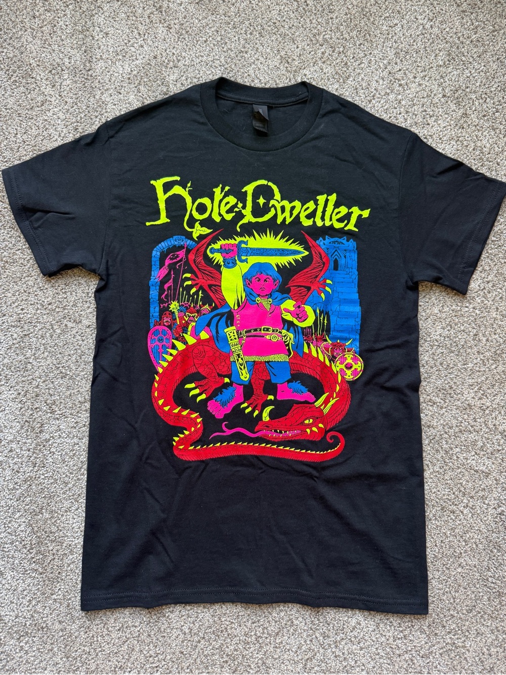 Hole Dweller Black Fantasy Graphic Tee with Neon Yellow, Red & Blue Print
